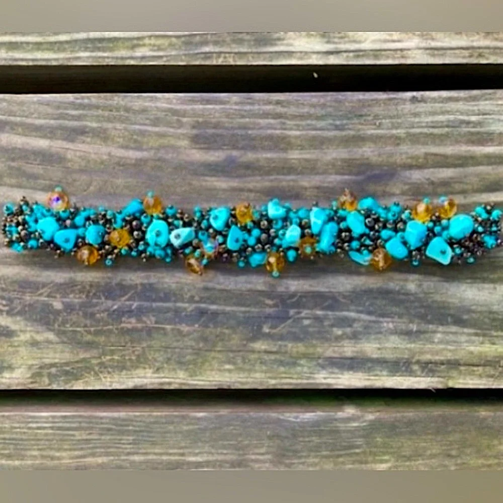BRACELET 8” ARTISAN MADE Turquoise Blue Bronze Gold Beaded Magnetic Close